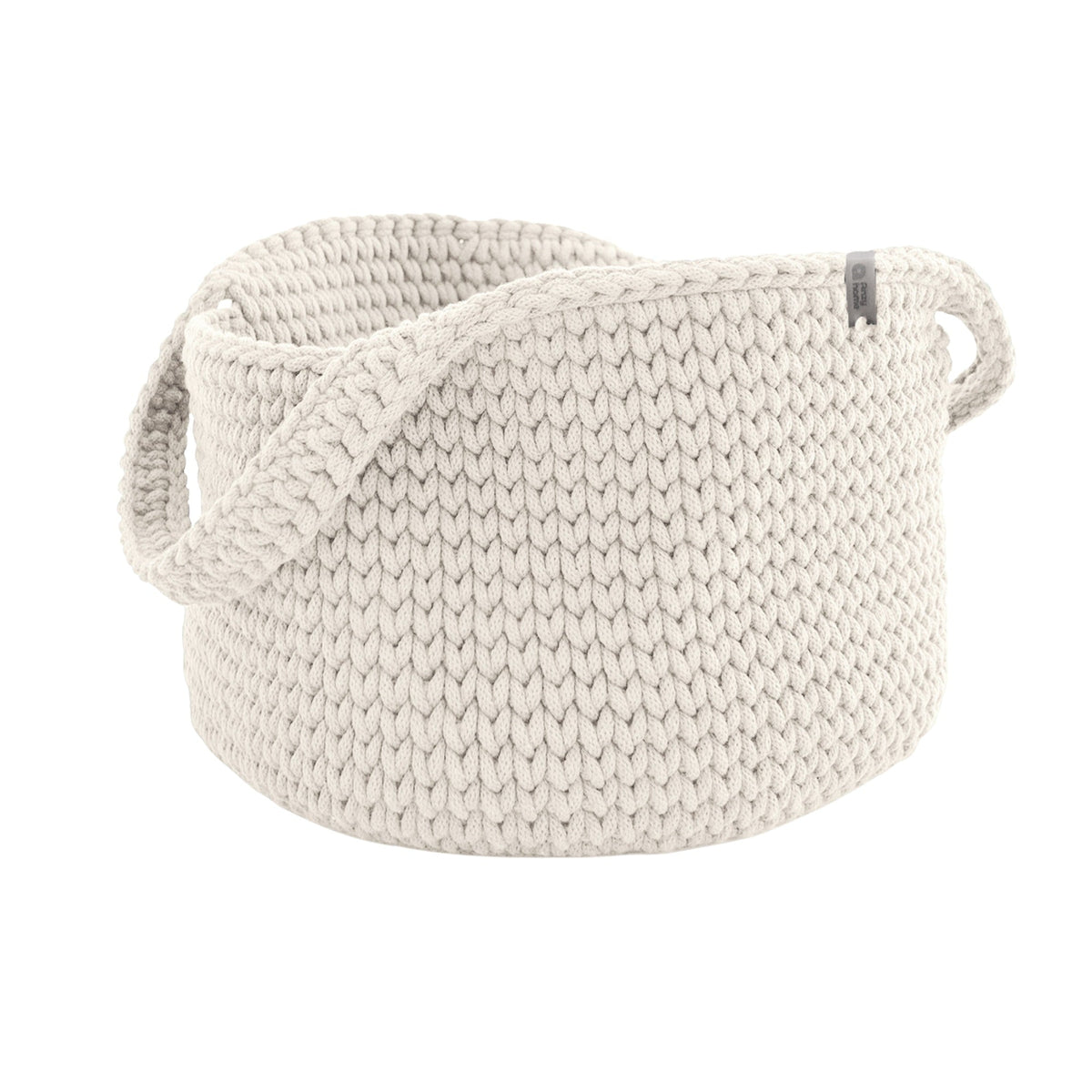 Round knit storage basket with handles, white off-cream