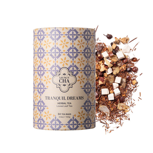 Tranquil Dreams herbal tea loose-leaf tin with blue and gold patterned label