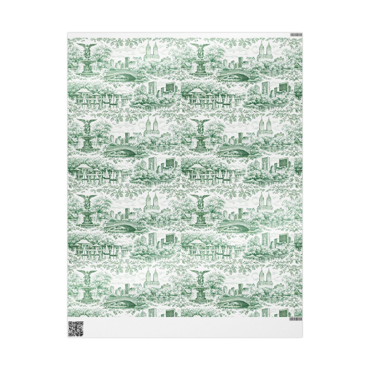 Square sheet of green toile wrapping paper with repeating New York city and park motifs