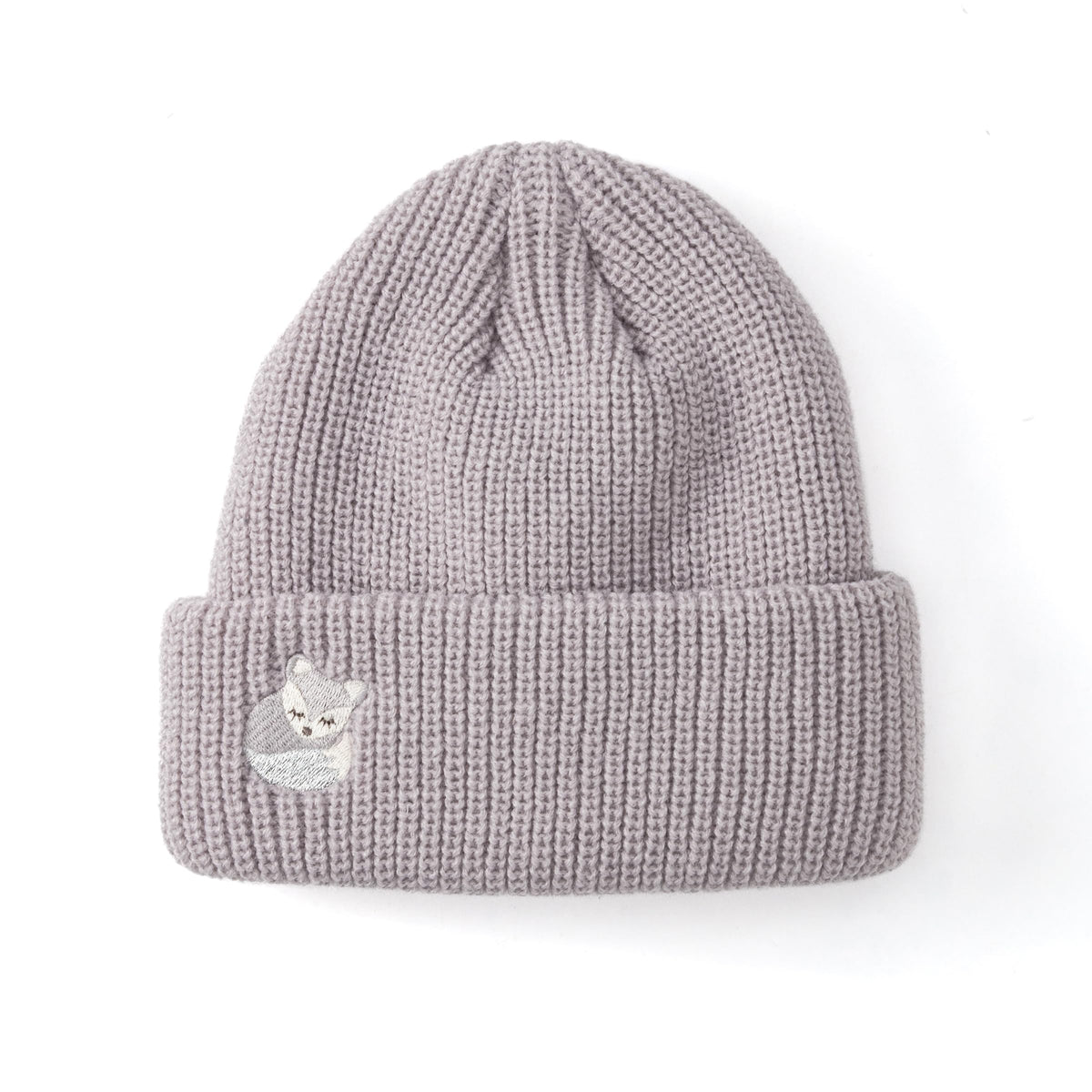 Front view of gray knitted beanie with folded cuff and fox embroidery