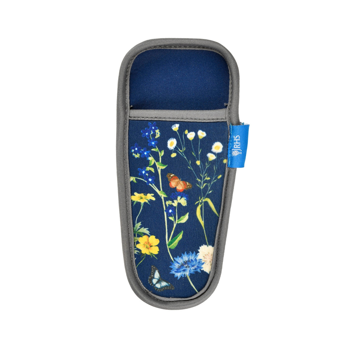 Blue floral pruner holster with padded gray trim and loop-and-tape label