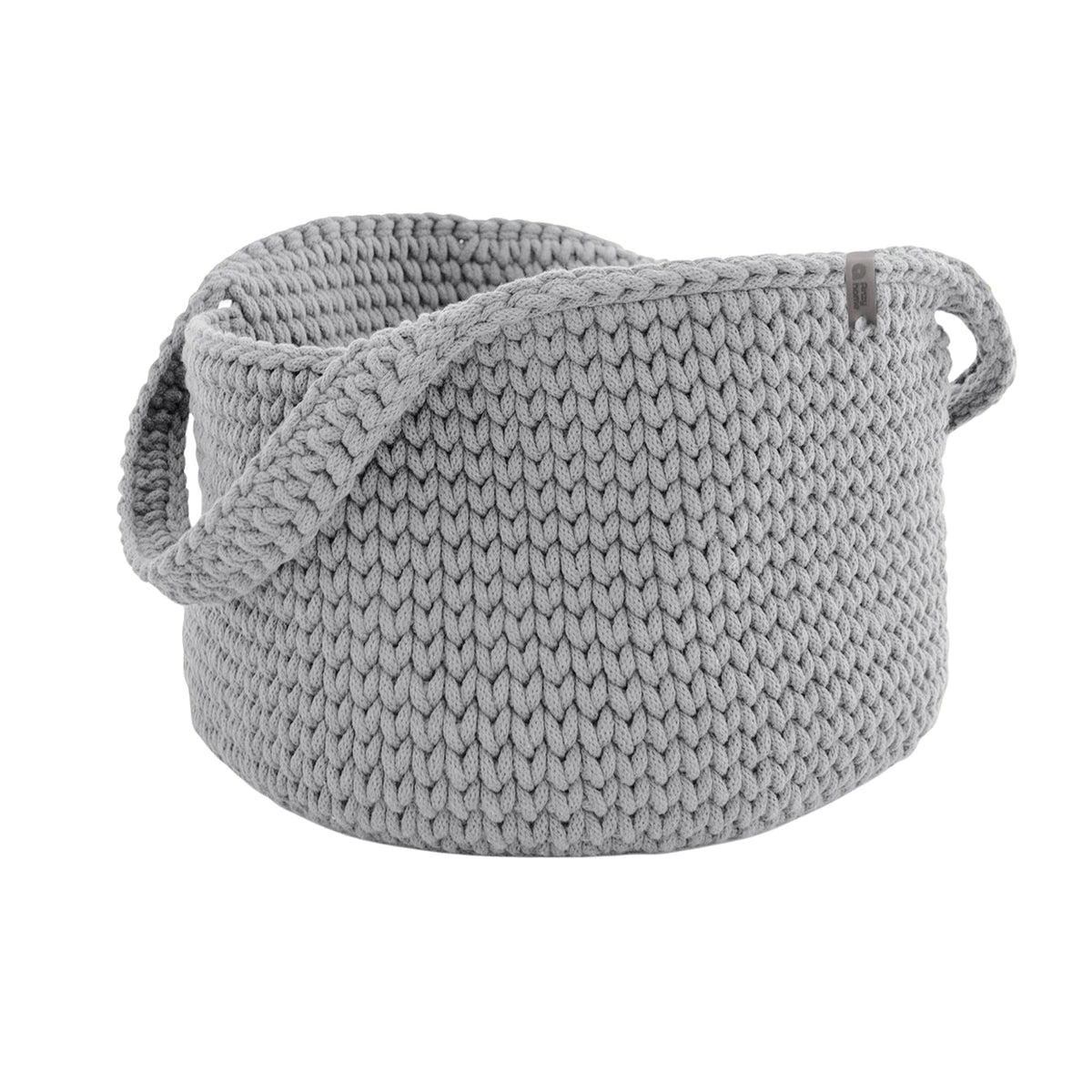 Round knit storage basket with handles, light gray