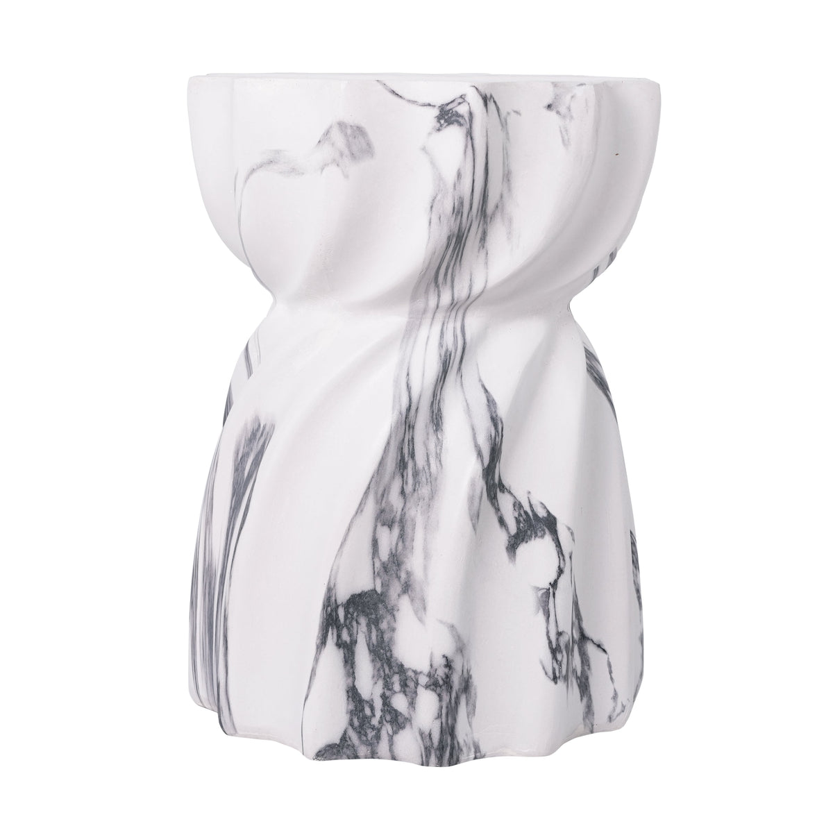Front view of a white side table with gray veining and a sculptural pedestal
