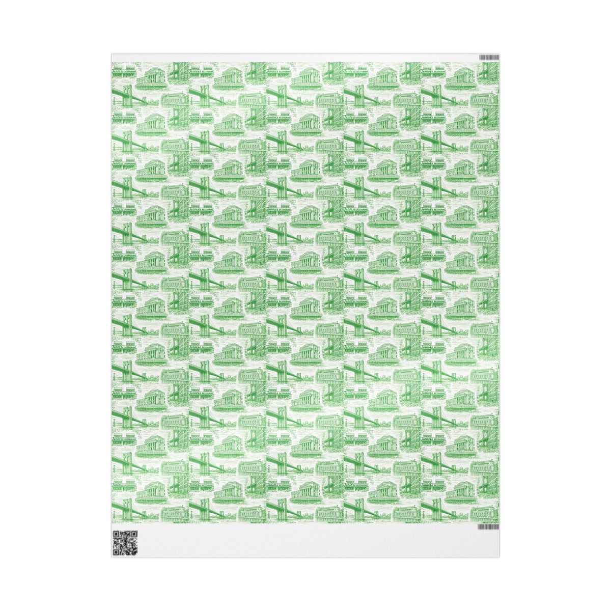 Green glossy toile gift wrap sheet with repeating city building icons