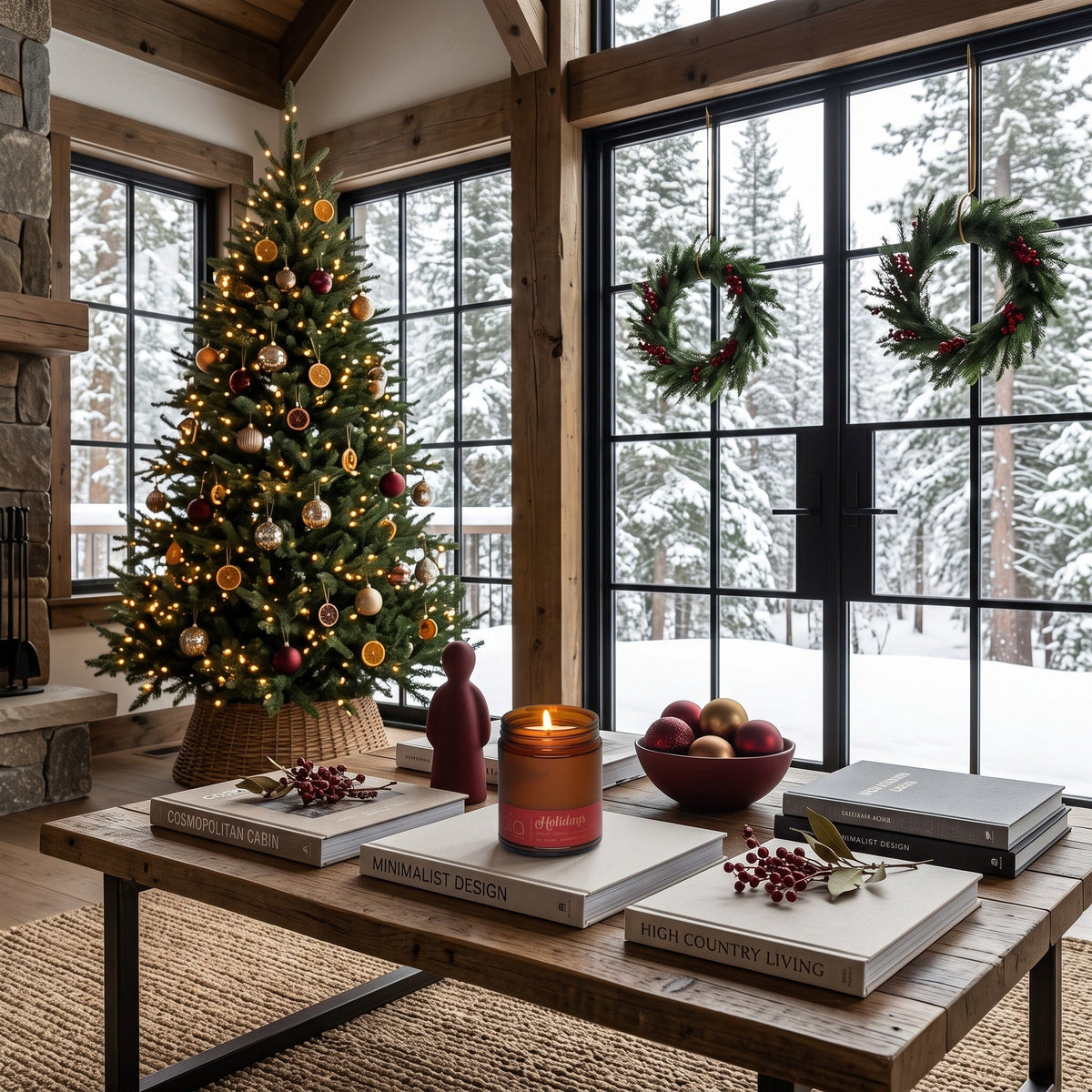 Soy blend Christmas candle in amber glass jar with lit wick on a tabletop