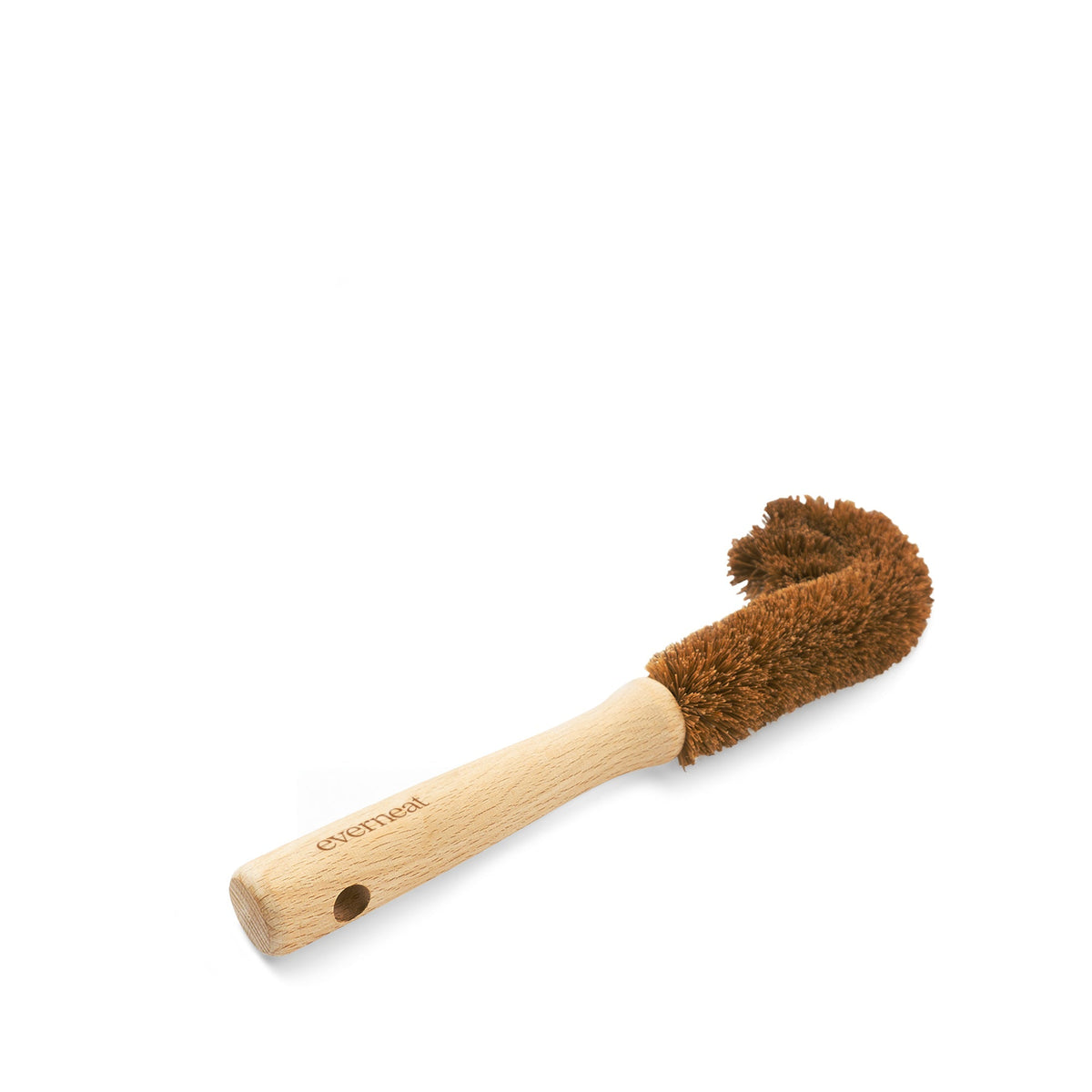 Wood-handled cleaning brush with brown bristles and small hanging hole