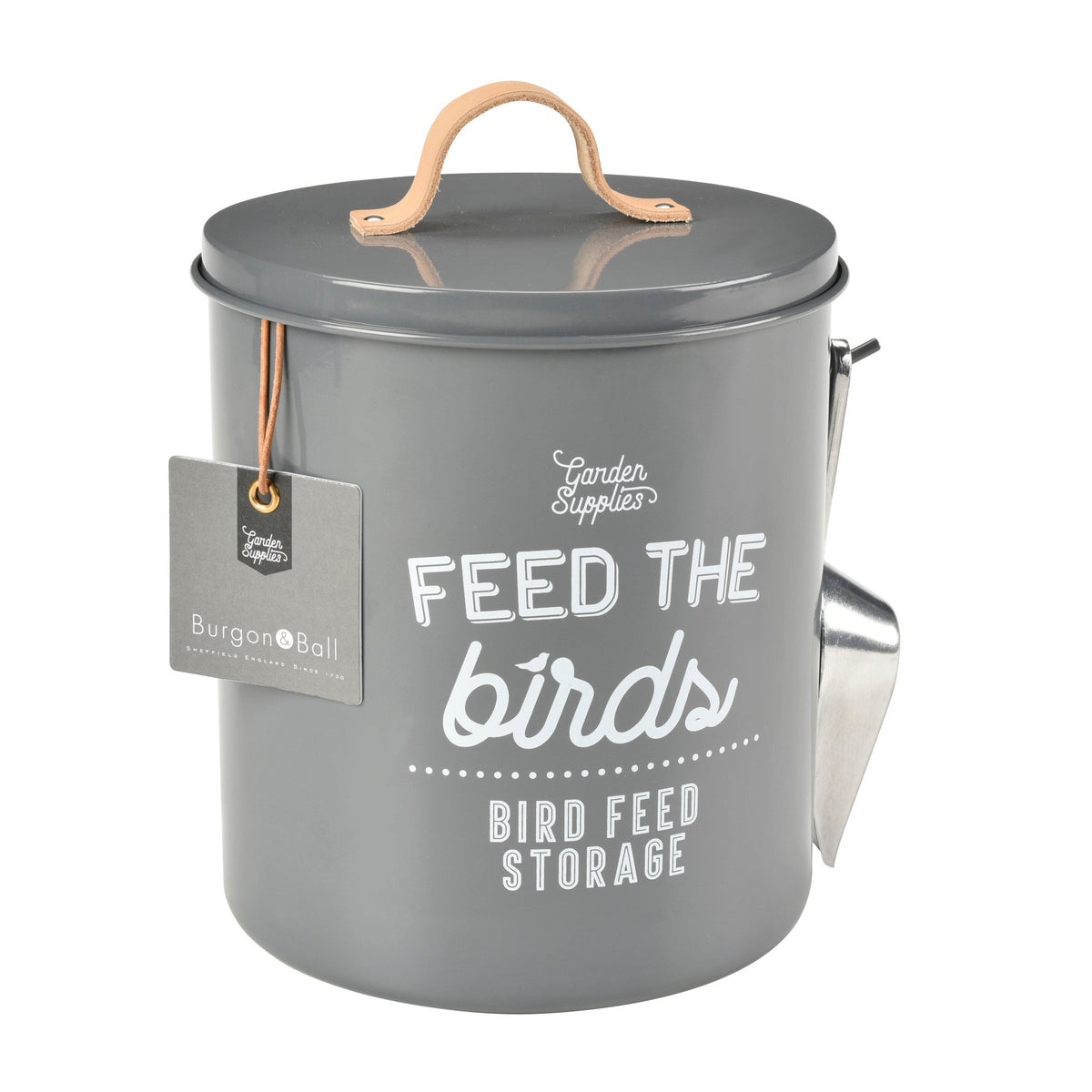 Charcoal metal bird feed storage tin with carrying handle and side spout