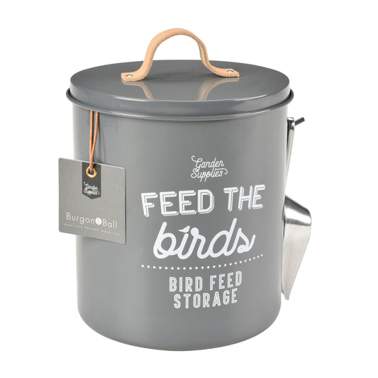 Charcoal metal bird feed storage tin with carrying handle and side spout