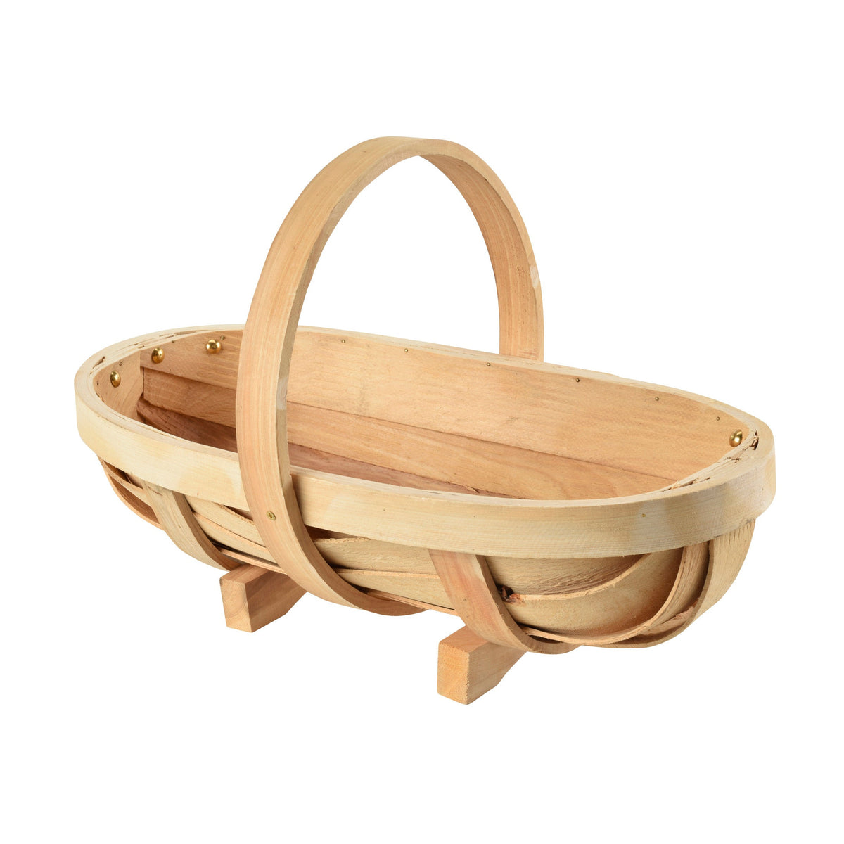 Medium natural wooden trug with arched handle, woven sides, and brass stud accents
