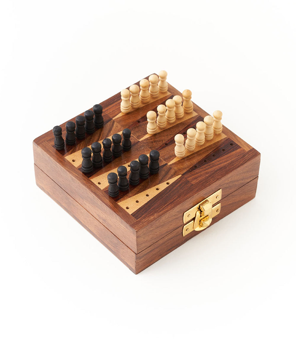 Mini wooden backgammon travel game with checkers on a hinged storage box