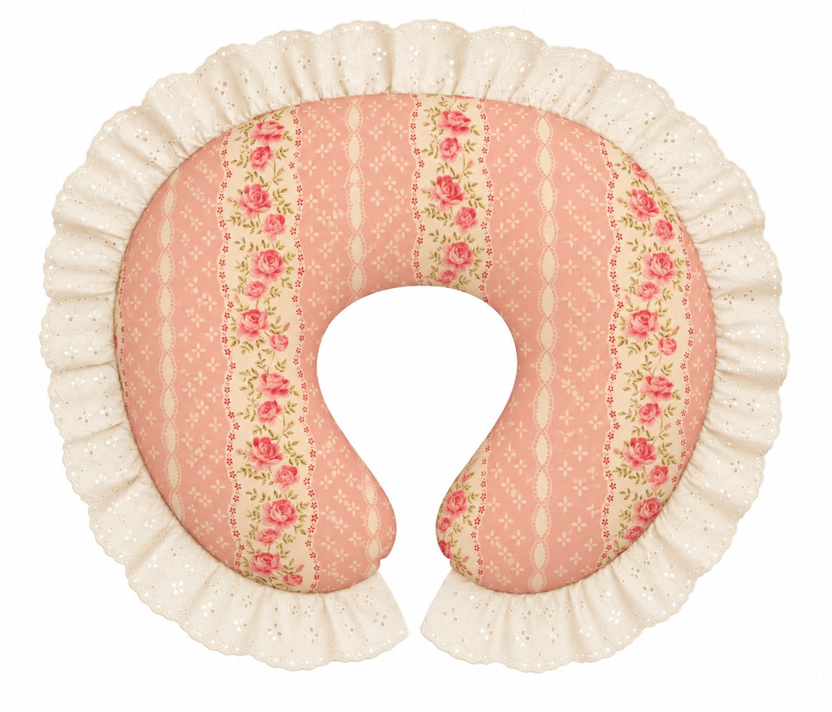 Pink striped floral nursing pillow cover with ivory eyelet lace ruffle