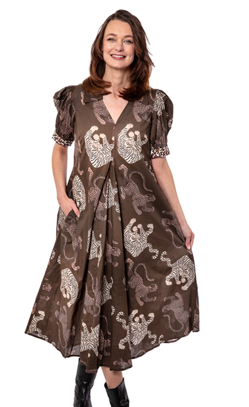Brown cat-print V-neck dress with puff sleeves and full skirt