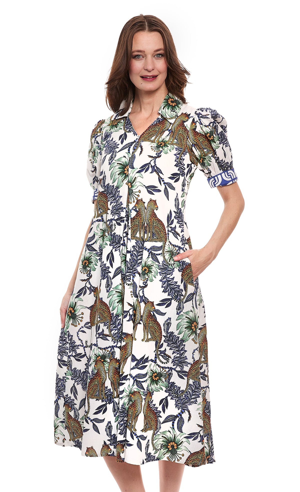 White V-neck midi dress with jungle cheetah and floral print, short sleeves