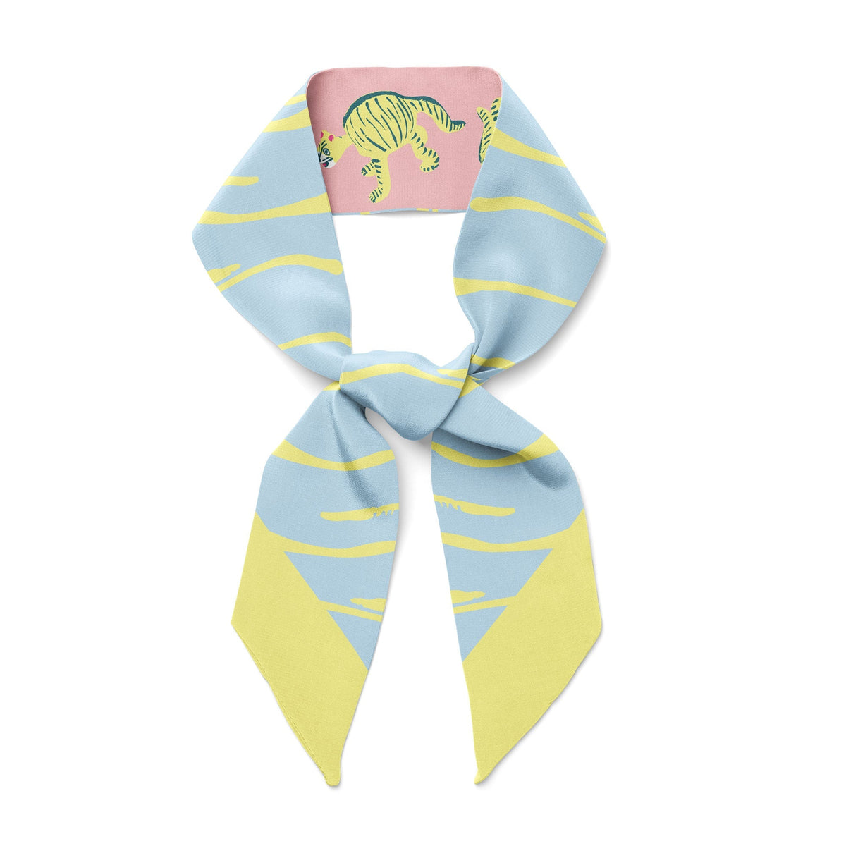 Pastel twilly ribbon scarf with tiger medallion print, blue stripes, and lime yellow panels