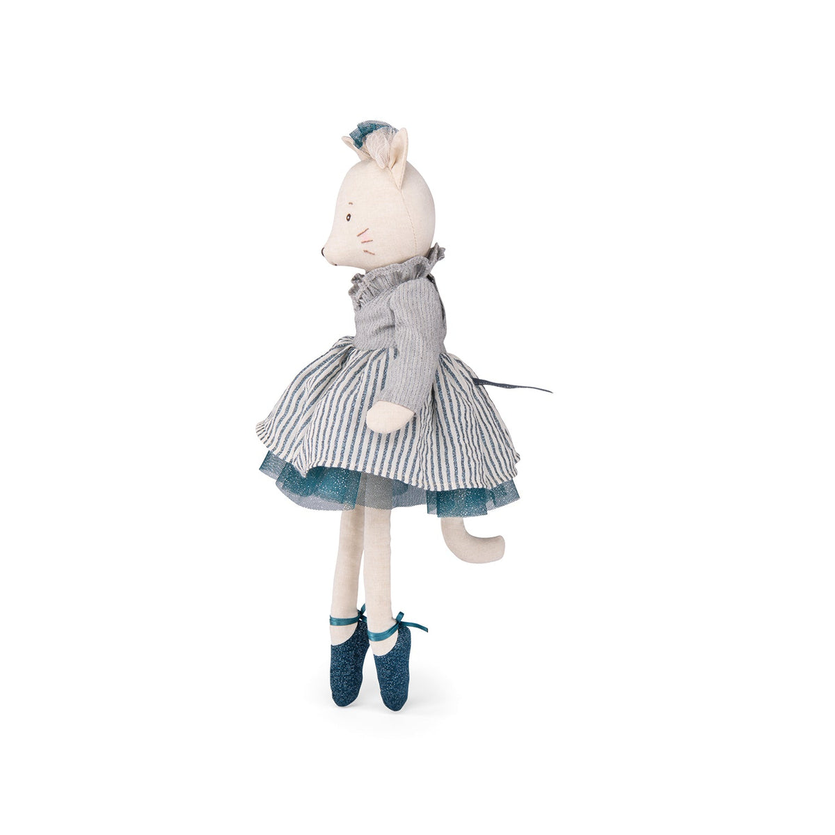 Cat doll in side view, striped skirt over gray top, teal trim, blue shoes