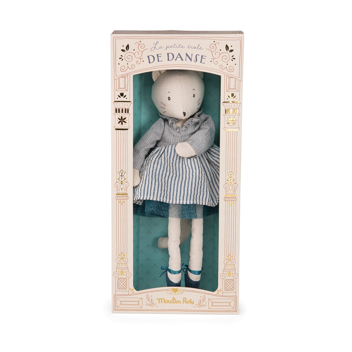Cat doll in retail box, wearing striped dance dress, gray scarf, teal shoes