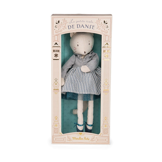 Cat doll in retail box, wearing striped dance dress, gray scarf, teal shoes