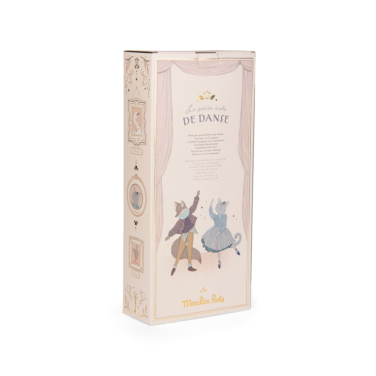Cat doll retail box with ballet illustration and dancer cat design