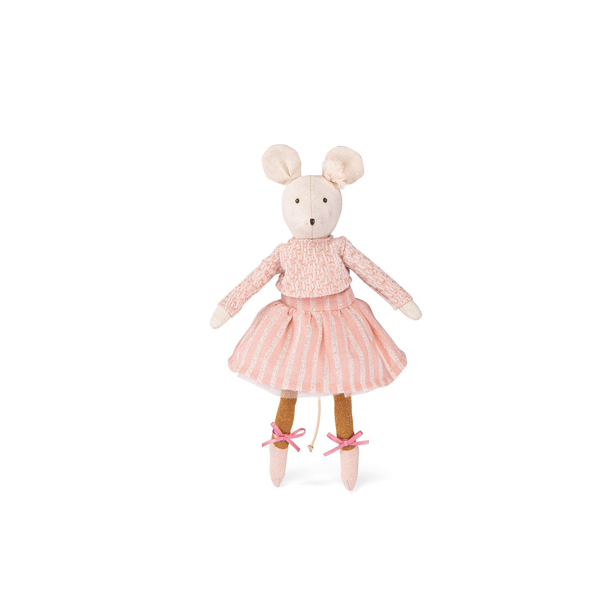 Moulin Roty mouse doll in a pink patterned top, striped skirt and ballet shoes, front view