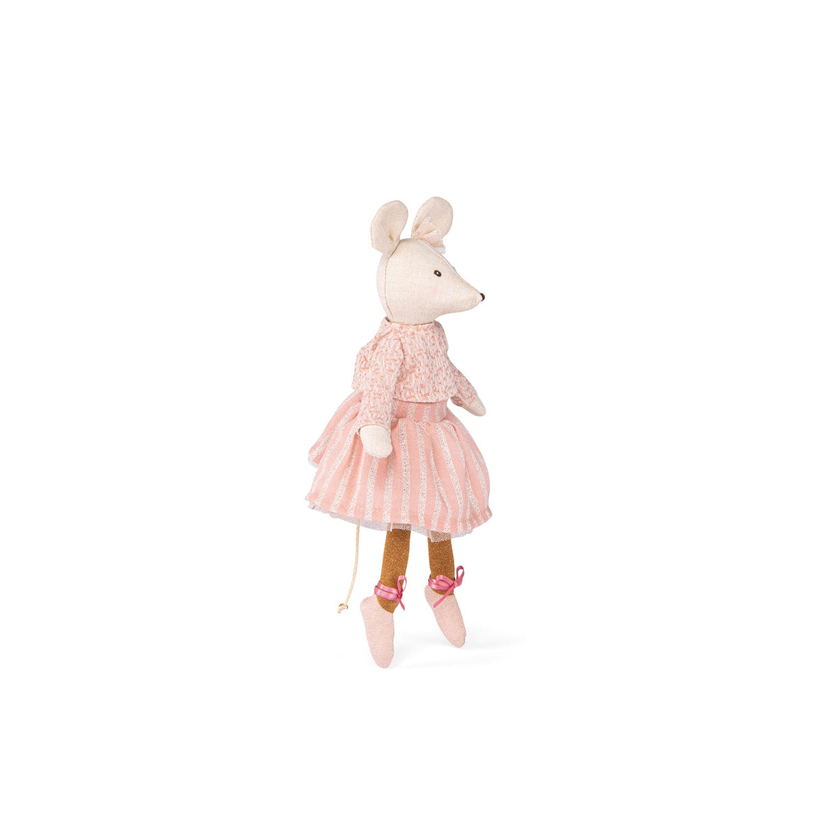Moulin Roty mouse doll in a pink patterned top and striped skirt, shown in profile