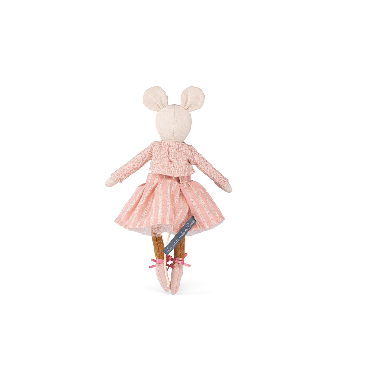Moulin Roty mouse doll viewed from behind, wearing a pink top and striped skirt