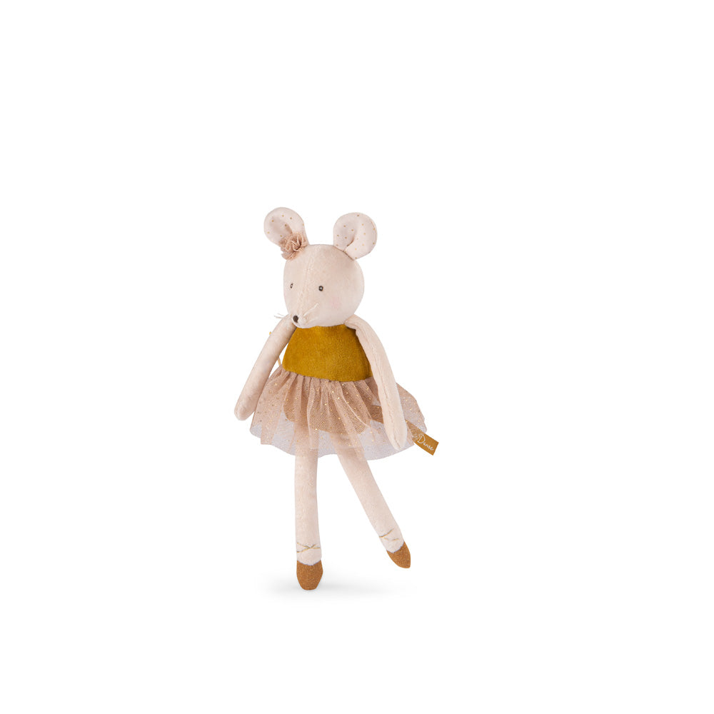 Stuffed mouse ballerina doll in yellow tutu, standing with arms at sides