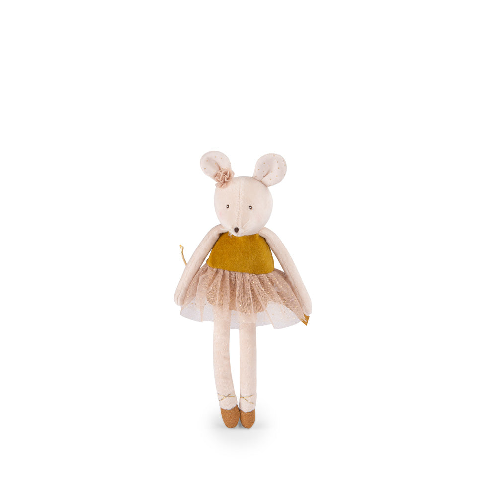 Stuffed mouse ballerina figure with beige ears, yellow top and layered tulle skirt