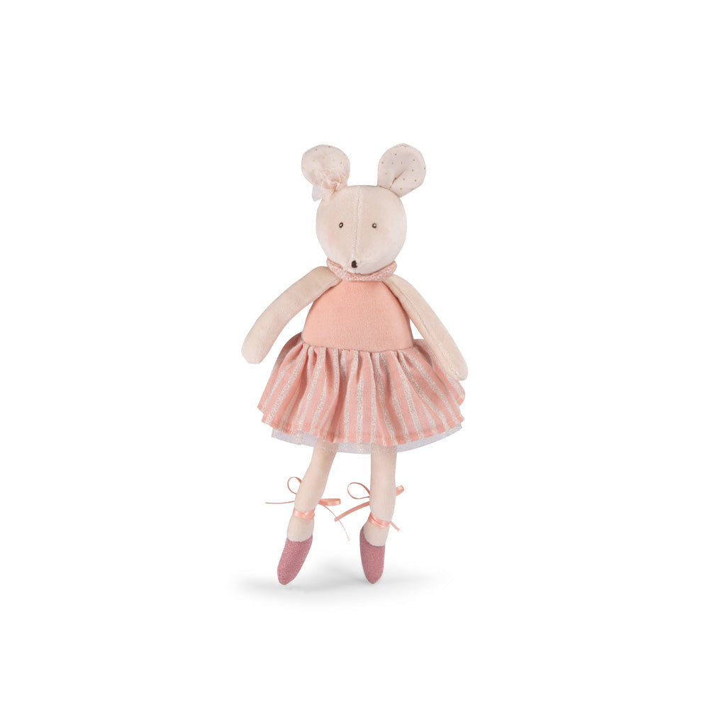 Anna the mouse plush doll in a pink ballet dress with a striped skirt and ballet shoes