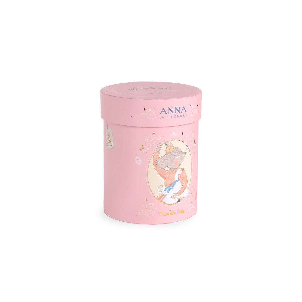Pink cylindrical gift tin featuring an illustration of Anna the mouse in a ballet outfit