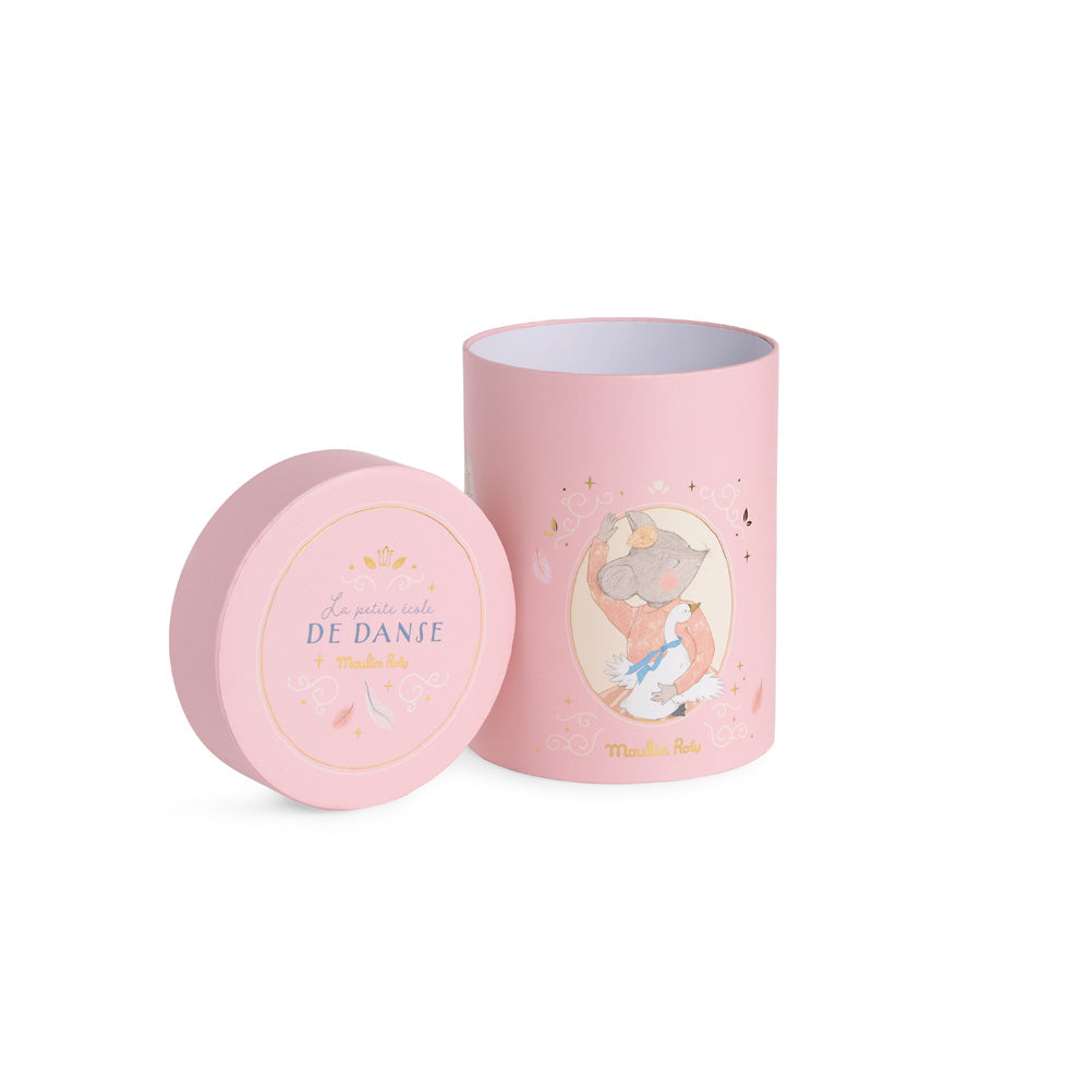 Open pink gift tin and matching lid with ballet-themed illustrations and lettering