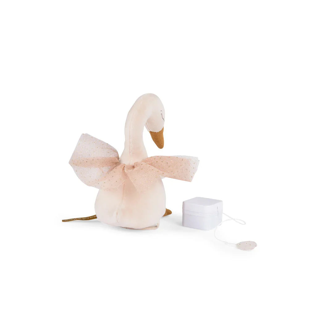 Musical swan plush with pale pink tutu, brown beak, plus white box and accessories