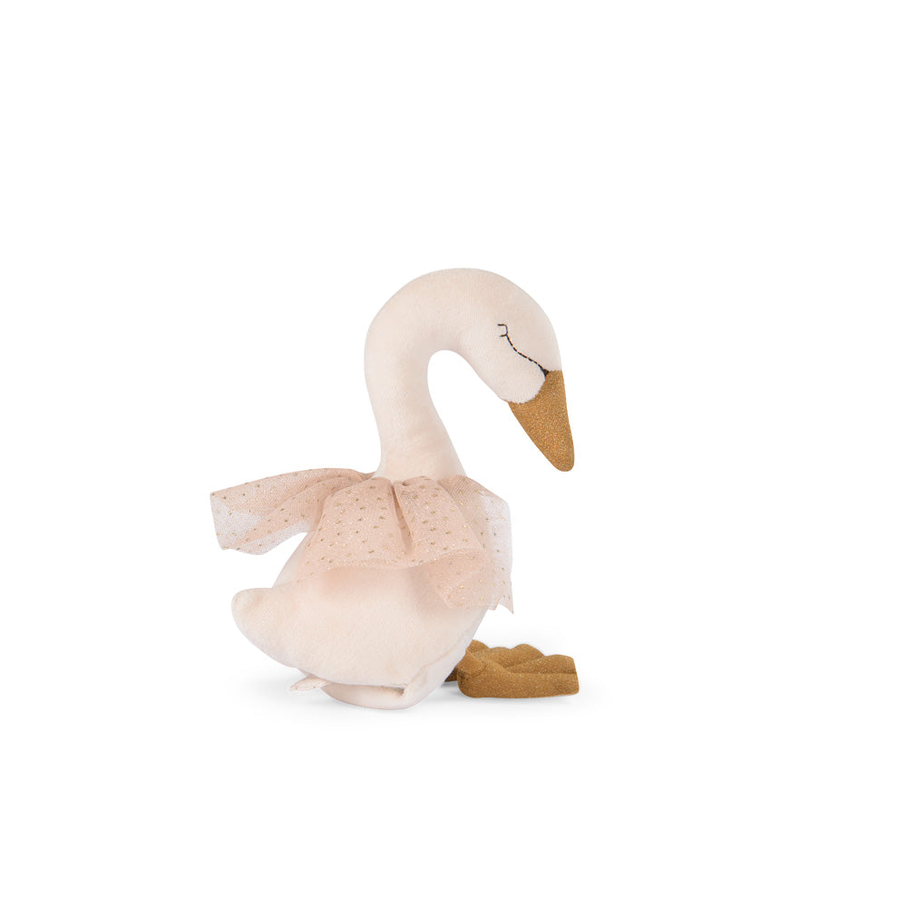 Musical swan plush in pale pink tutu with brown beak and small ballet shoes