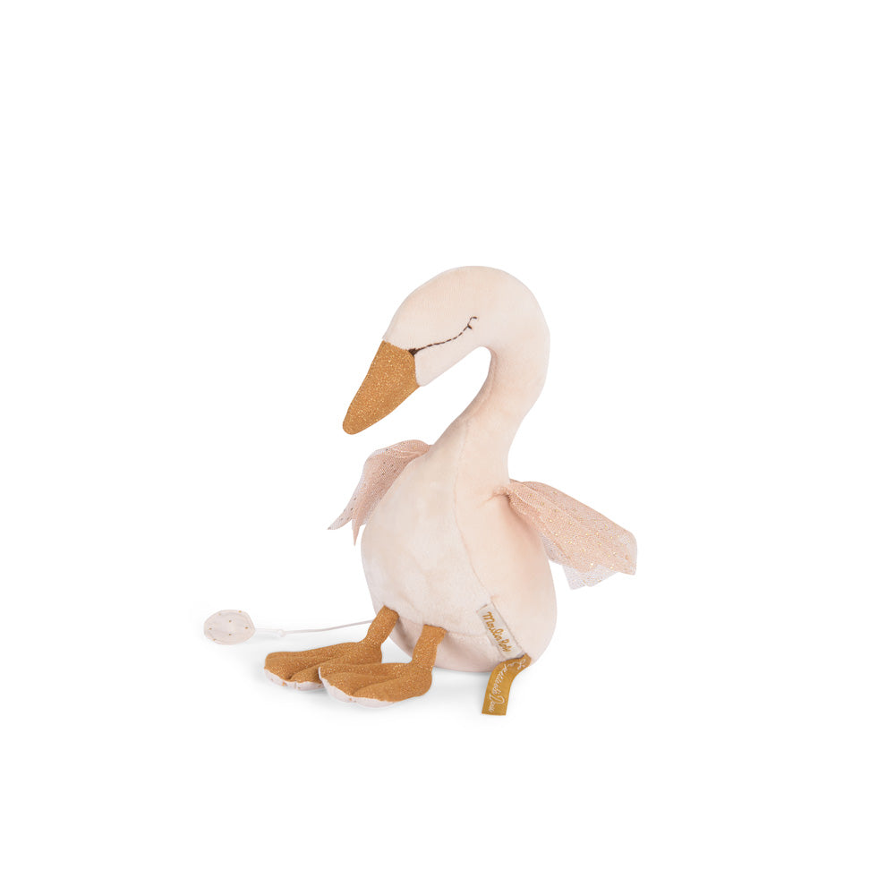 Musical swan plush dancer pose with pale pink tutu, brown beak, and brown shoes