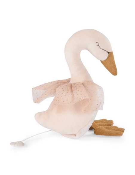 Musical swan dancer plush with pale pink tulle skirt, brown beak, and gold shoes
