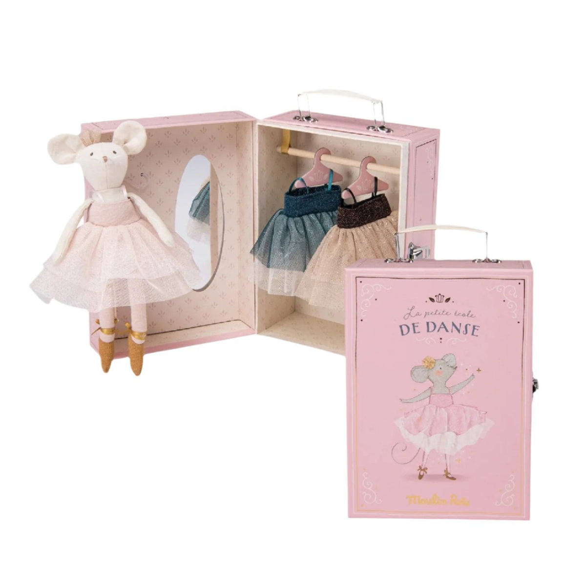 Pink suitcase set with ballet doll and spare blue and black tutu outfits