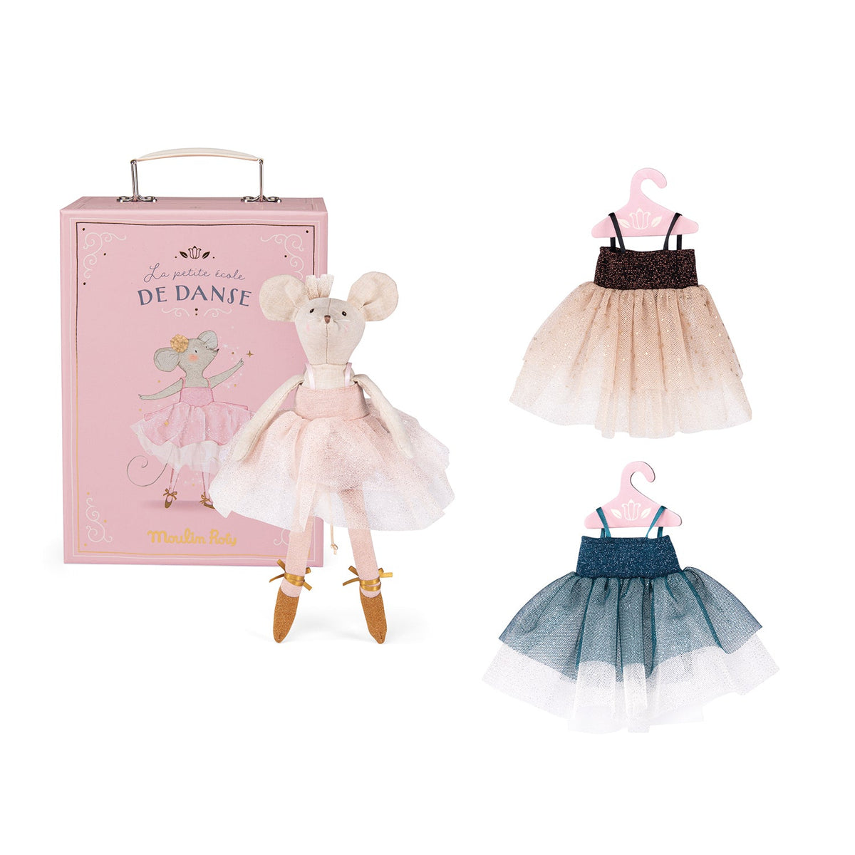 Pink ballet suitcase with standing doll and two hanging tutu dresses: pink and blue