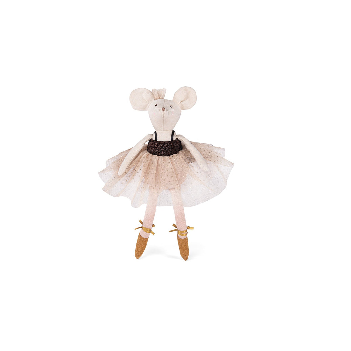 Ballet doll with beige ears wearing pale pink tulle tutu and dark waistband