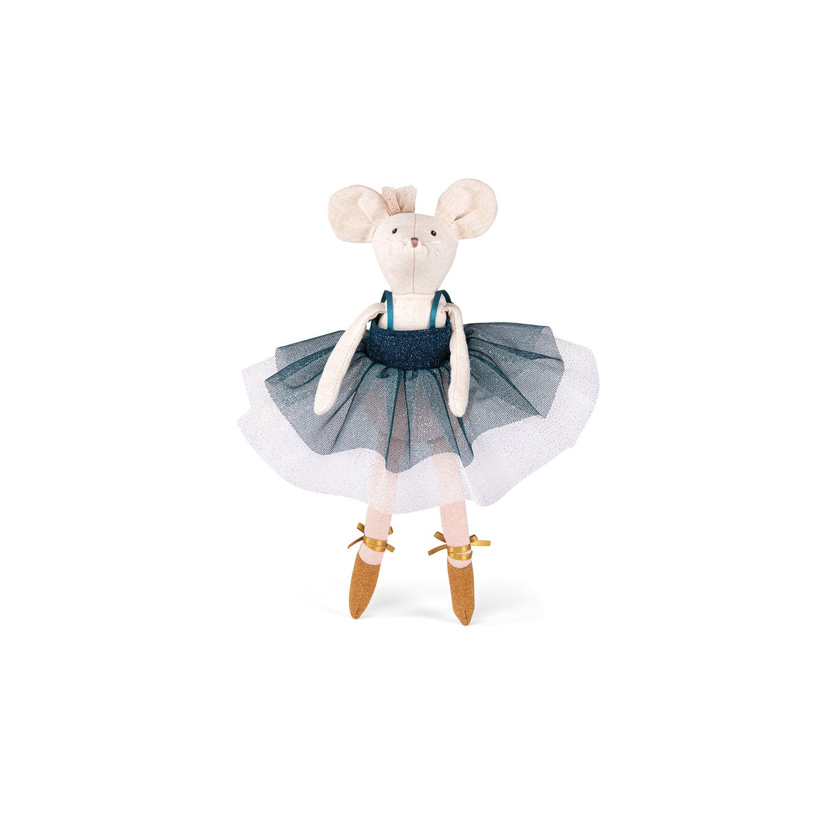 Ballet doll wearing teal-blue tulle skirt with sheer layers, dark bow and tan shoes