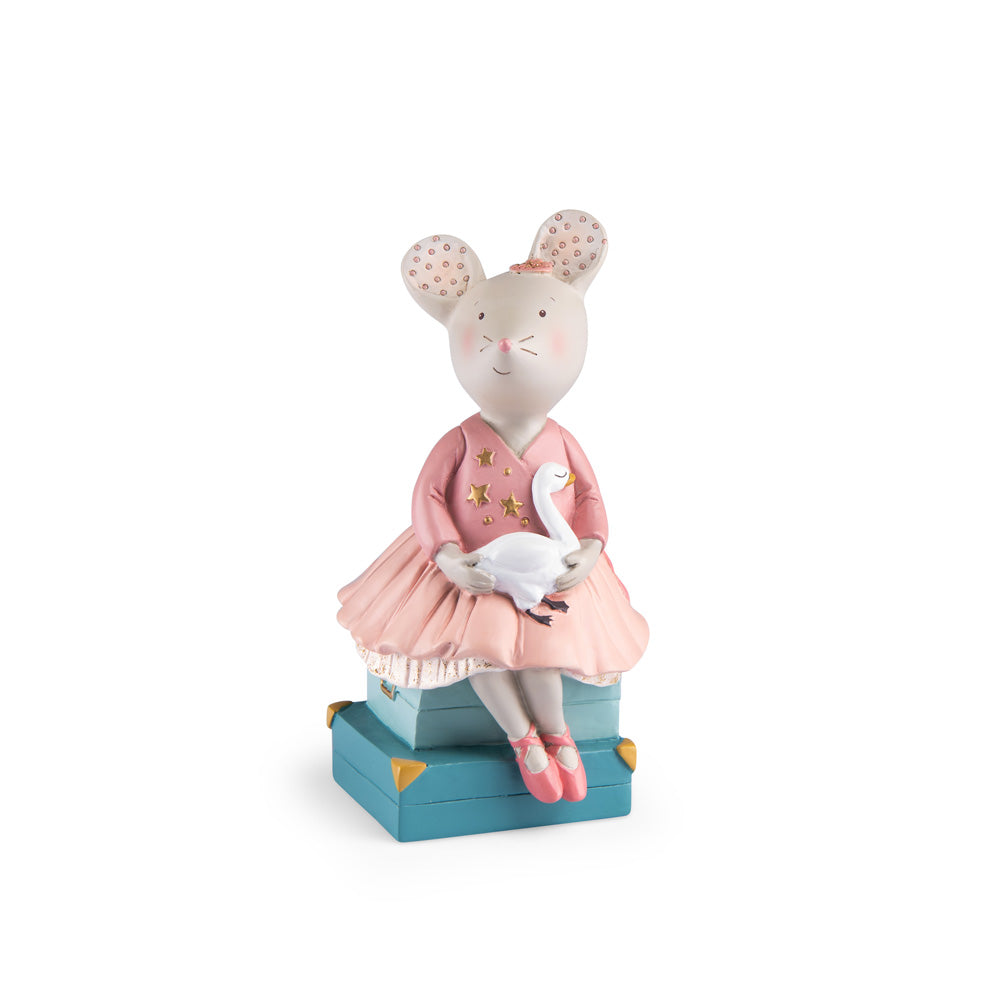 Dancing mouse money box with pink tutu dress on teal storage box