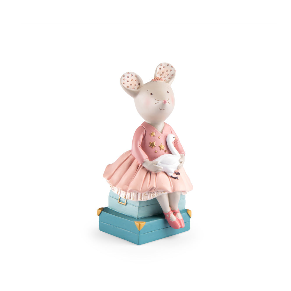 Dancing mouse coin bank in pink dress with teal and gold base