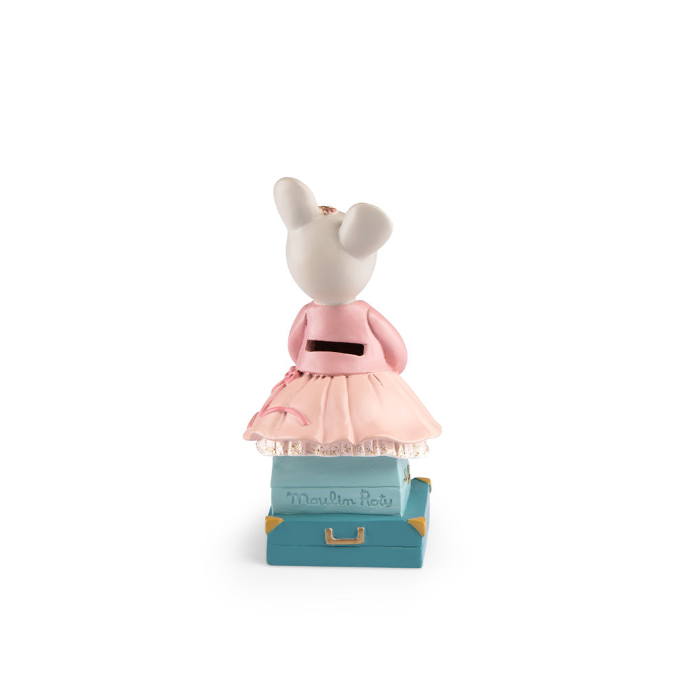 Rear view dancing mouse money box; pink skirt, teal base labeled Moulin Roty