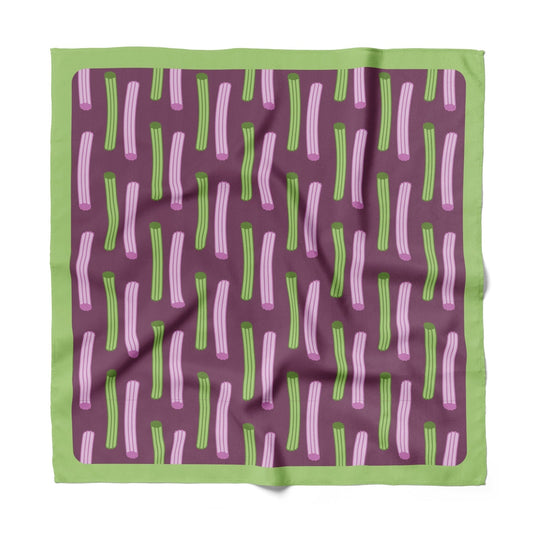 Cotton-silk bandana with purple base and repeating green and pink striped churros