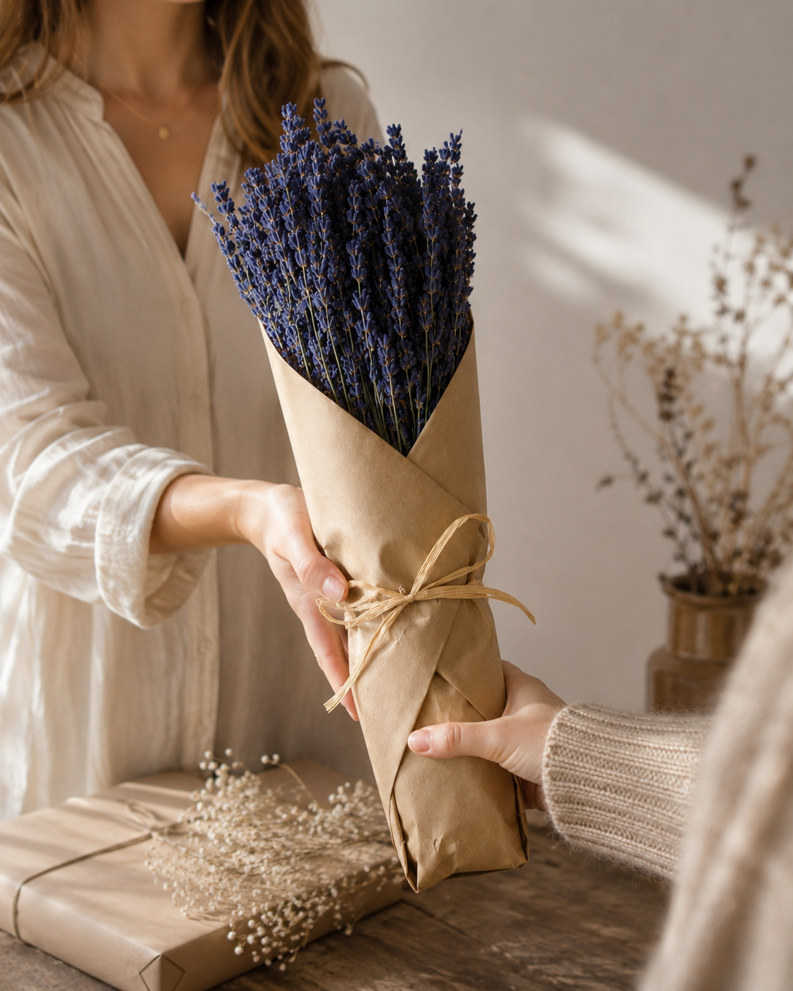 Dried lavender bouquet wrapped in kraft paper, tied twine, held by hands
