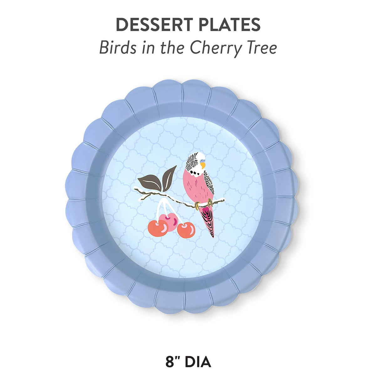 Blue scalloped dessert plate with bird illustration and cherry motif