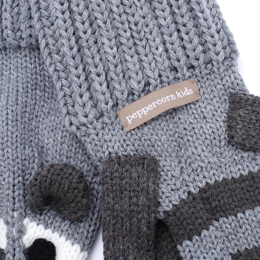 Grey knitted kids scarf with raccoon design and woven peppercorn kids label