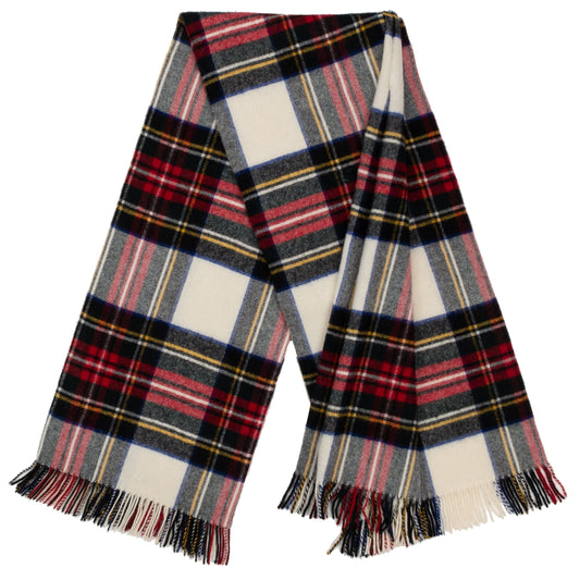 Plaid wool throw scarf with fringed ends in red, navy, blue, yellow, and cream blocks
