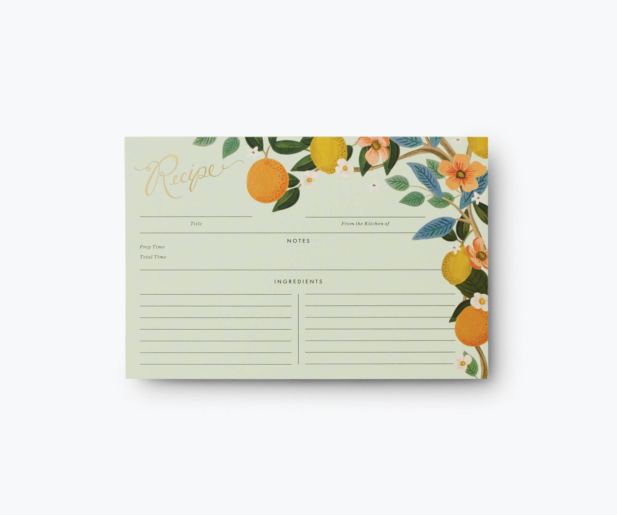 Recipe card with citrus and floral border, recipe, notes, and ingredients lines