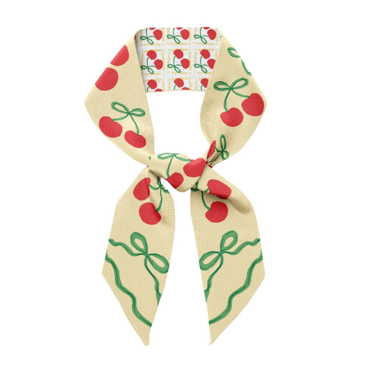 Cream ribbon scarf with red cherries and green stems; loop and knot with tapered ends