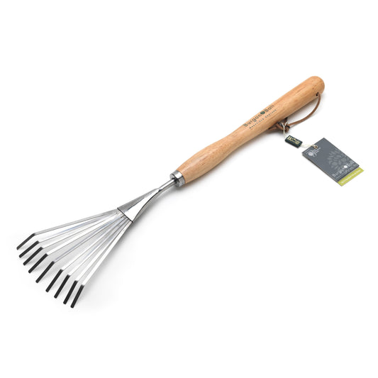 Stainless steel shrub rake with mid-length wooden handle, fan tines