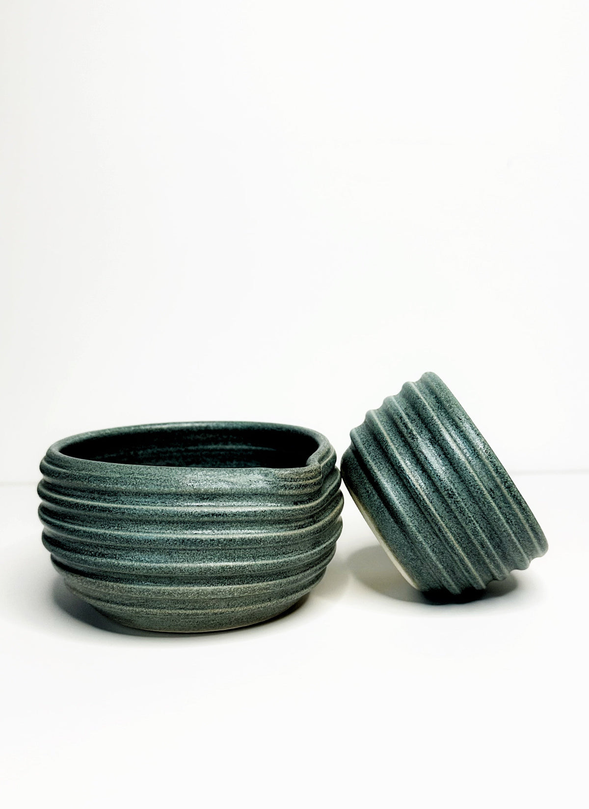 Forest green ceramic matcha bowl set, stacked bowl and matching mini cup.